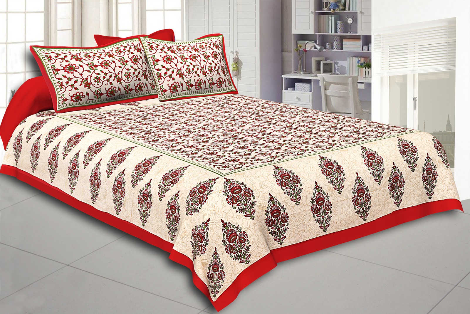 Niruva Red and Cream Jaipuri Floral Jaal and Buta Cotton Double Bedsheet With 2 Pillow Covers